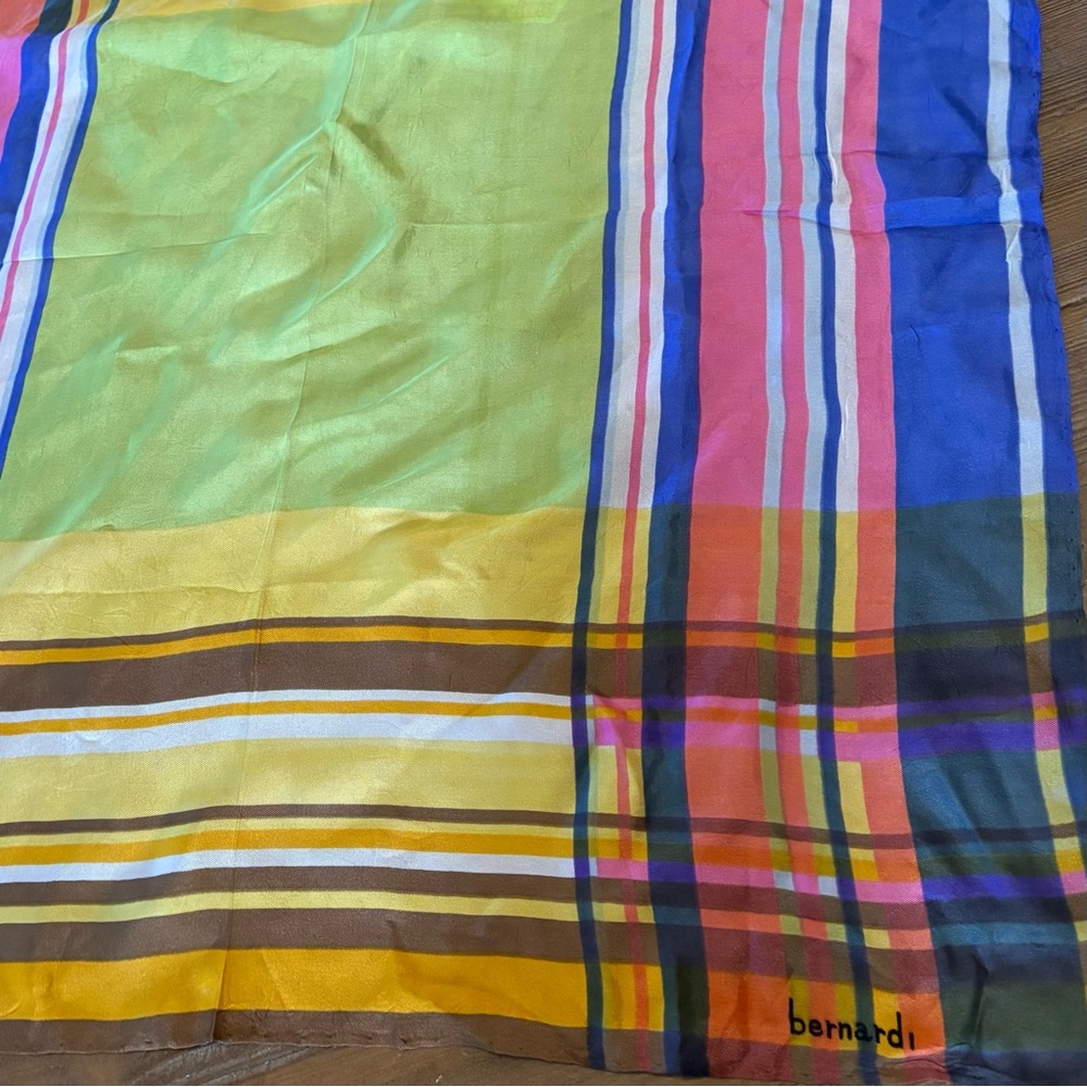Bernardi Silk Scarf 25” x 25" Green & multicolored Vibrant Madras Check Pattern